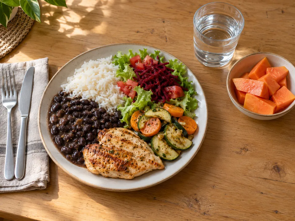 Prato de almoço caseiro com arroz, feijão, frango grelhado, legumes e salada, ao lado de mamão e um copo d'água.