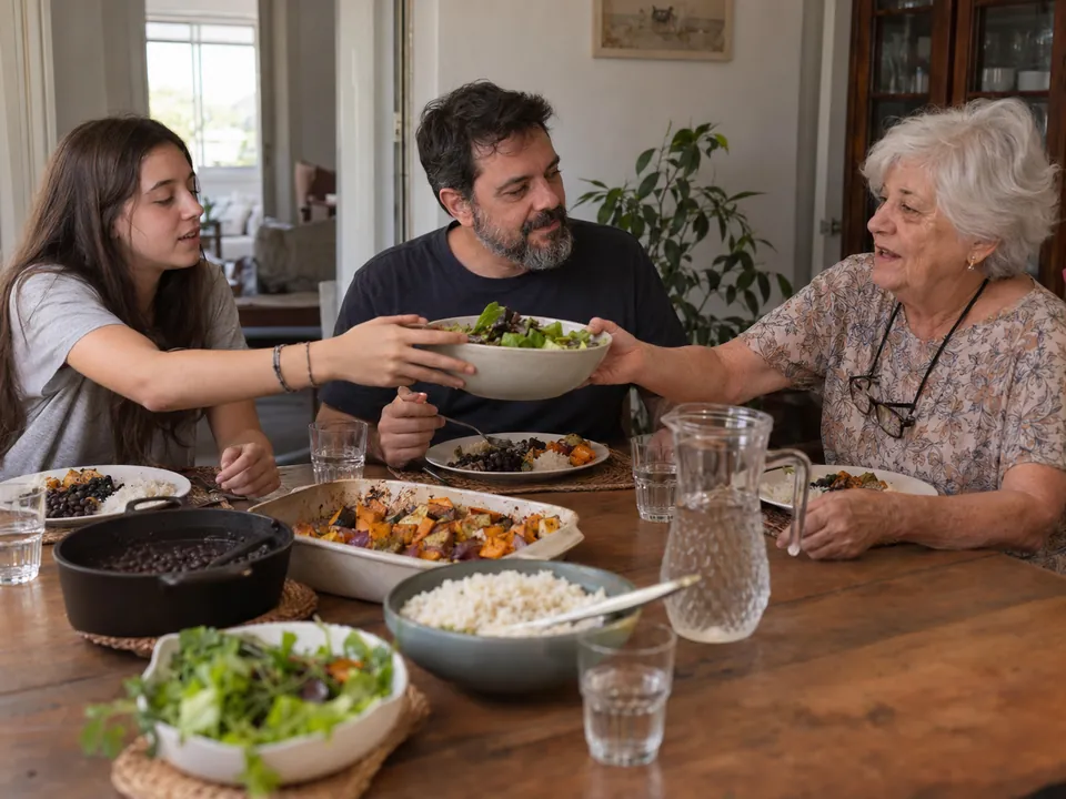 Adolescente, pai e avó almoçando juntos em casa, passando uma tigela de salada, com arroz, feijão e legumes assados na mesa.