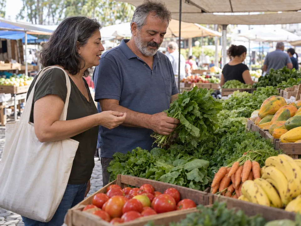 Casal de cerca de 55 anos escolhendo verduras numa feira livre, entre caixas de tomate, cenoura e banana.